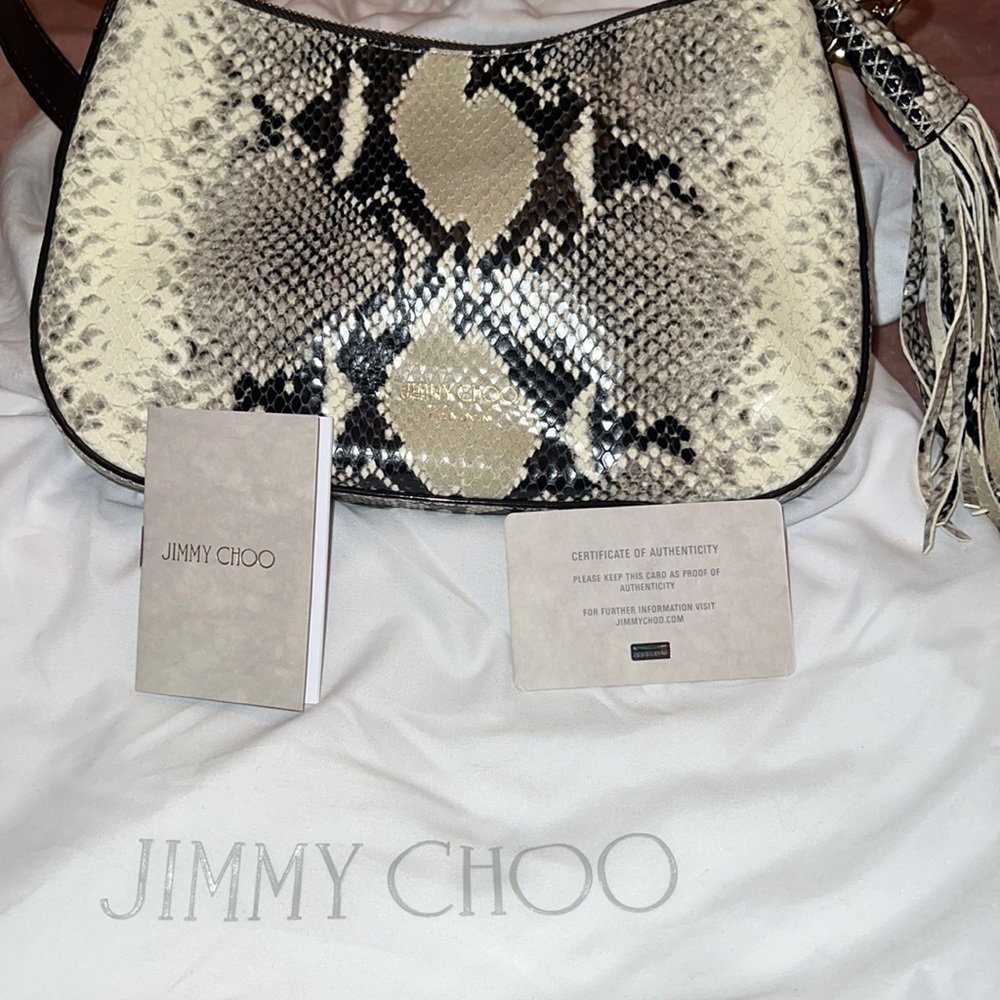 Jimmy Choo short handle snake print tassel bag